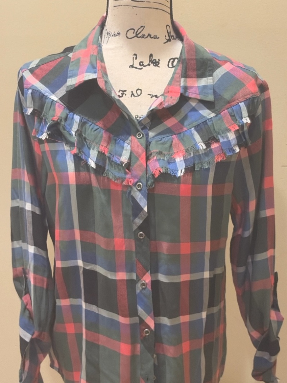 Billy T Plaid Button Down Shirt Fringe Yoke Western Boho Top